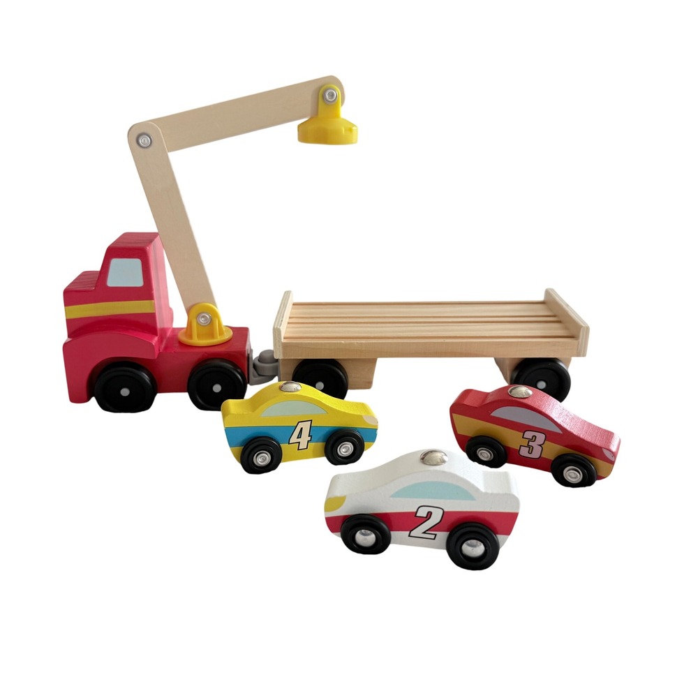 Melissa & Doug Magnetic Car Loader Wooden Toy Kids Red Yellow Numbered Cars Set